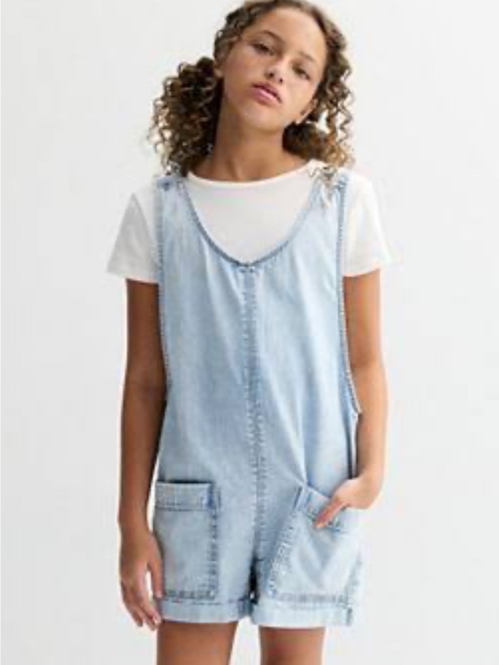 Light Wash Denim Short Romper with Front Pockets